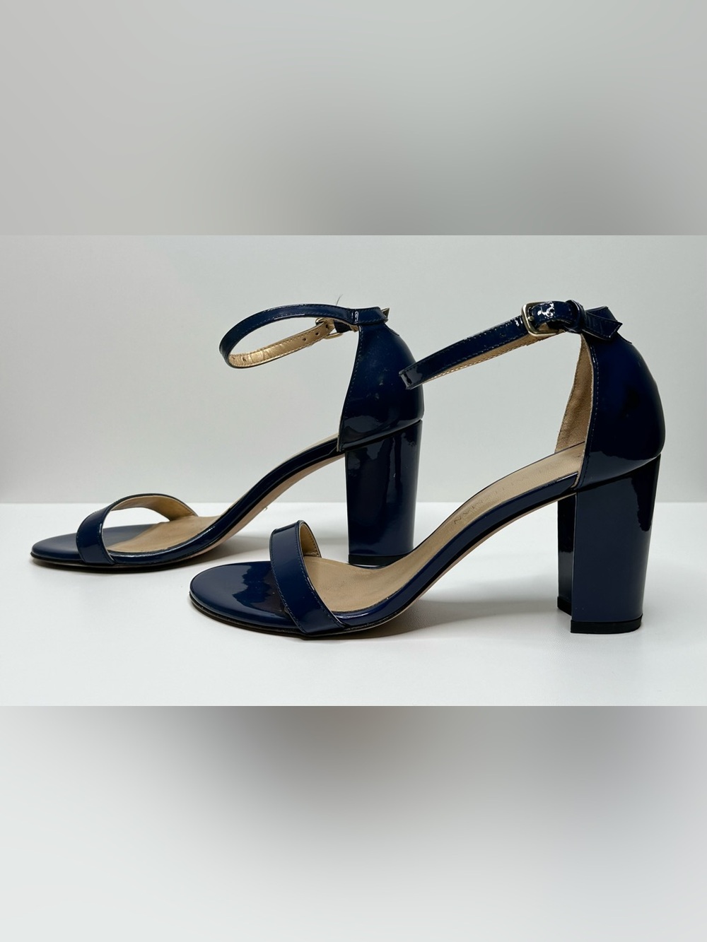 Stuart Weitzman Navy Blue Patent Leather Nudist Curve Heels Shoes Sandal - Picture 5 of 12